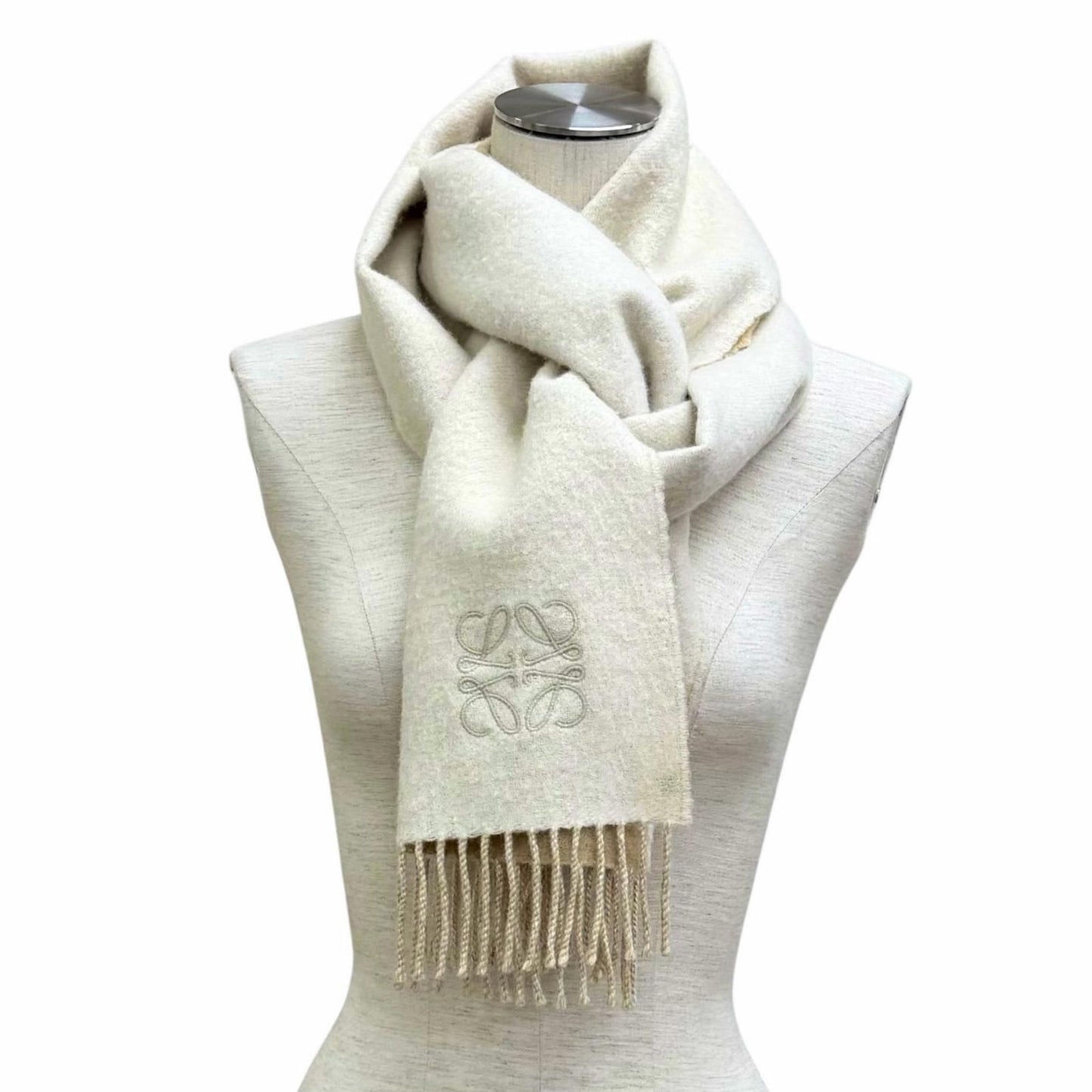 Loewe Bicolor Scarf Wool Cashmere Blend Ivory Sand Anagram Embroidered Fringe UK — view 3