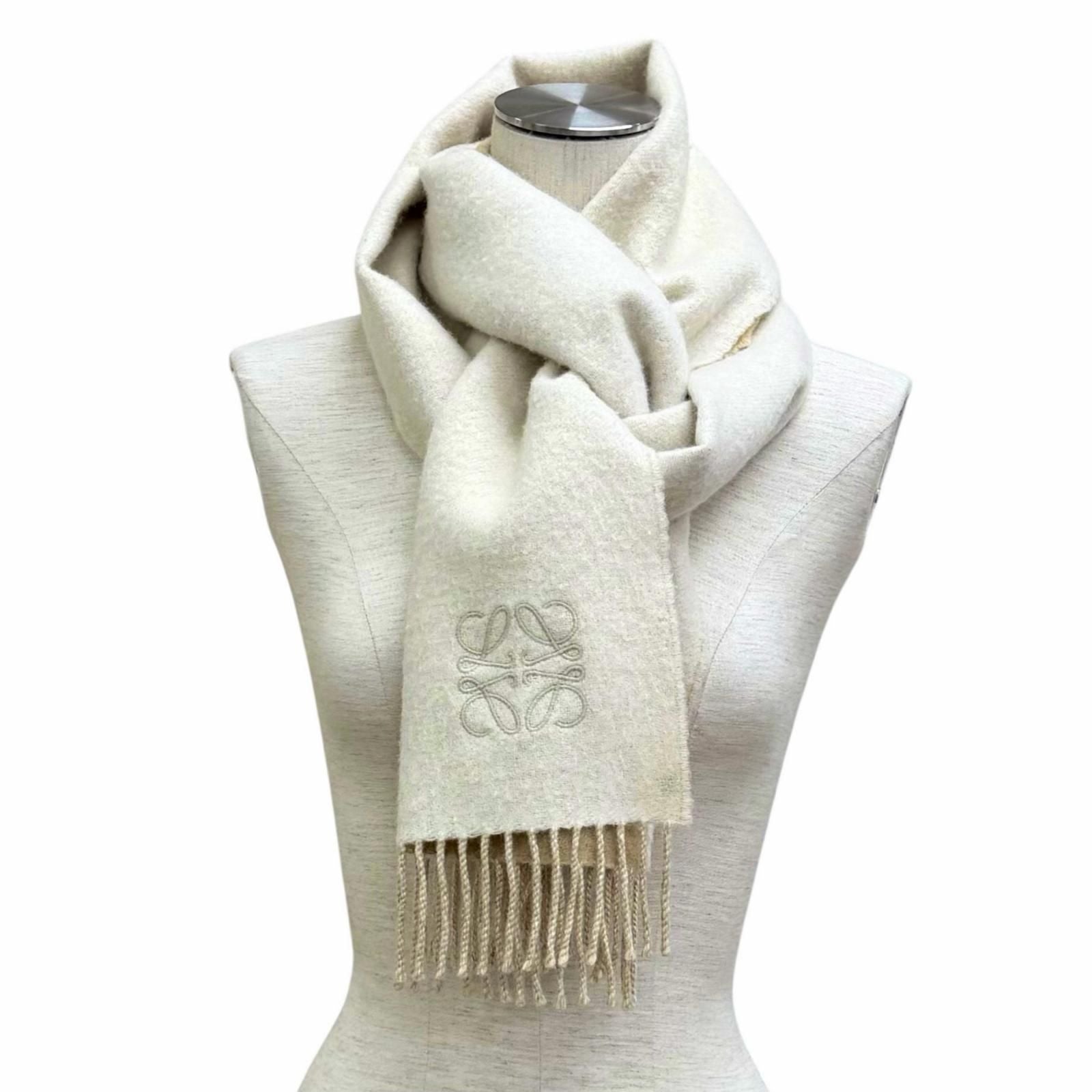 Loewe Bicolor Scarf Wool Cashmere Blend Ivory Sand Anagram Embroidered Fringe UK — view 3