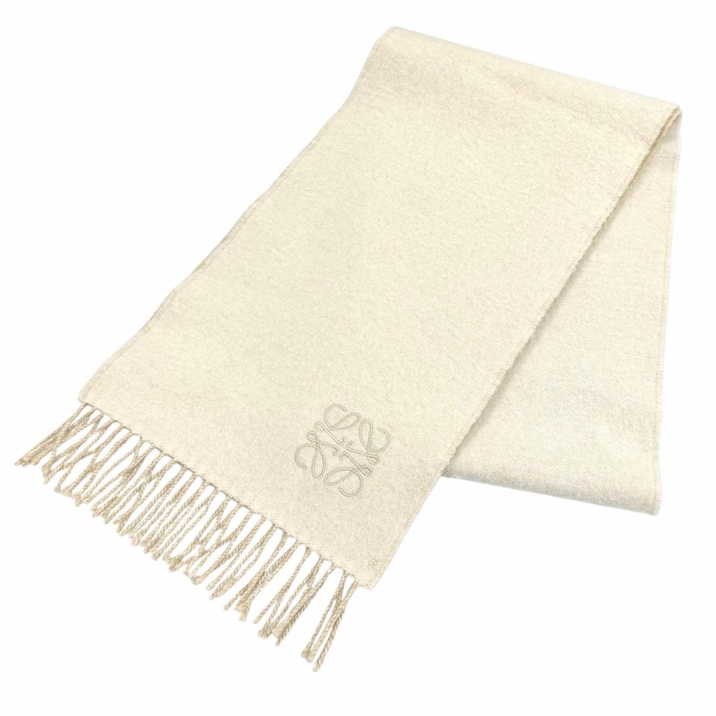 Loewe Bicolor Scarf Wool Cashmere Blend Ivory Sand Anagram Embroidered Fringe UK