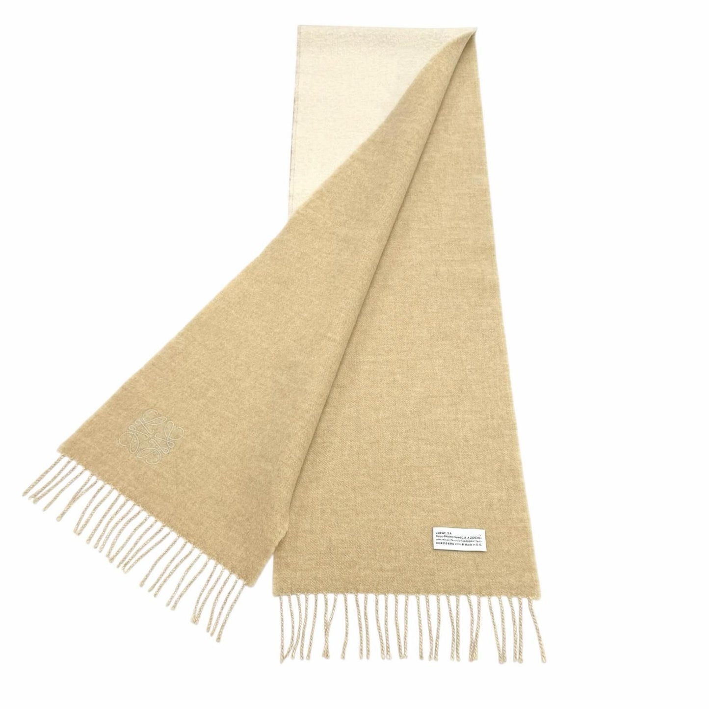 Loewe Bicolor Scarf Wool Cashmere Blend Ivory Sand Anagram Embroidered Fringe UK — view 2