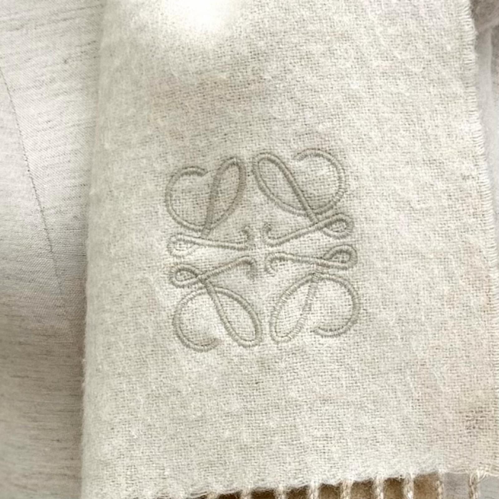 Loewe Bicolor Scarf Wool Cashmere Blend Ivory Sand Anagram Embroidered Fringe UK — view 5