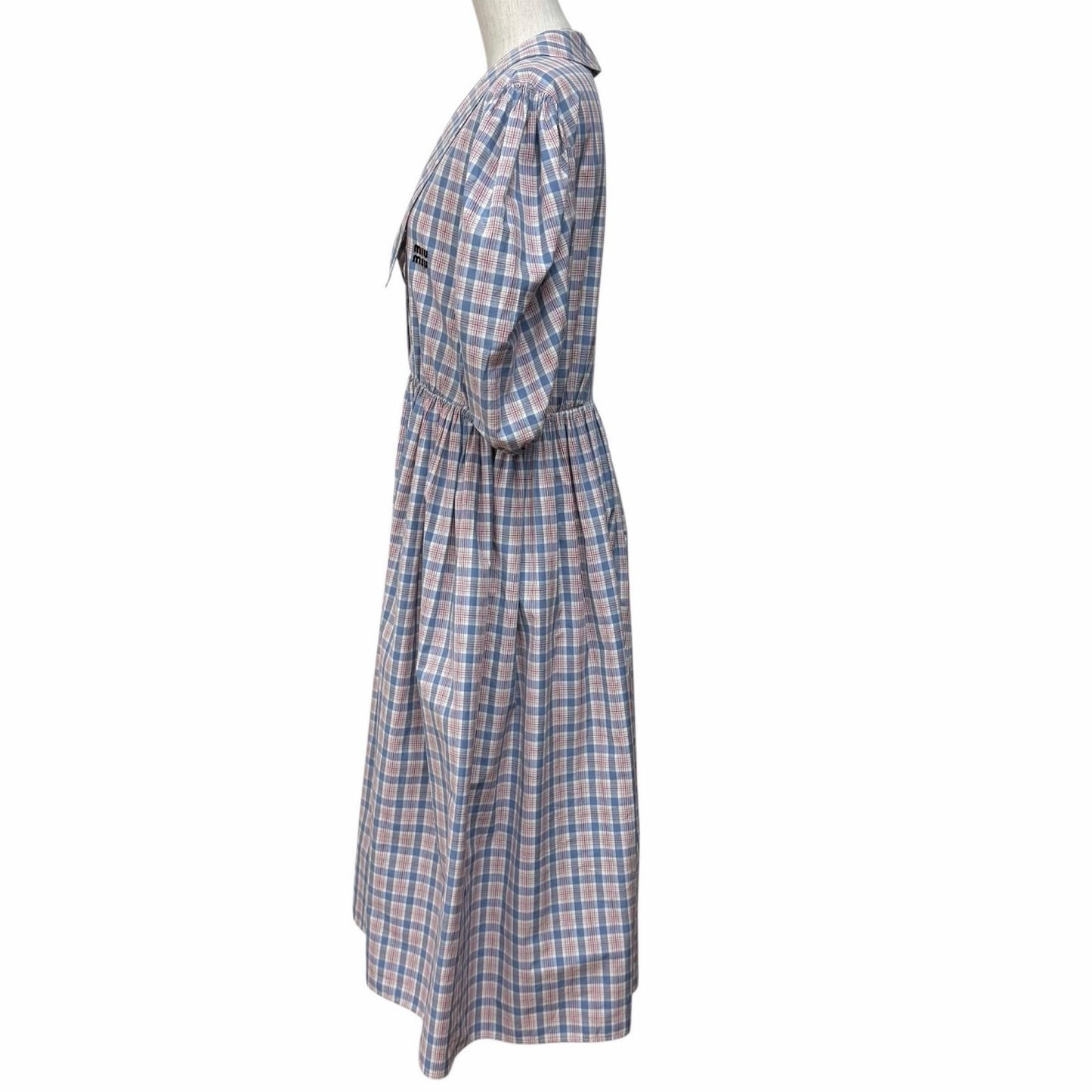 Miu Miu Cotton 100% Logo Embroidered Plaid Puff Sleeve Shirt Dress Pink Blue 38 — view 2