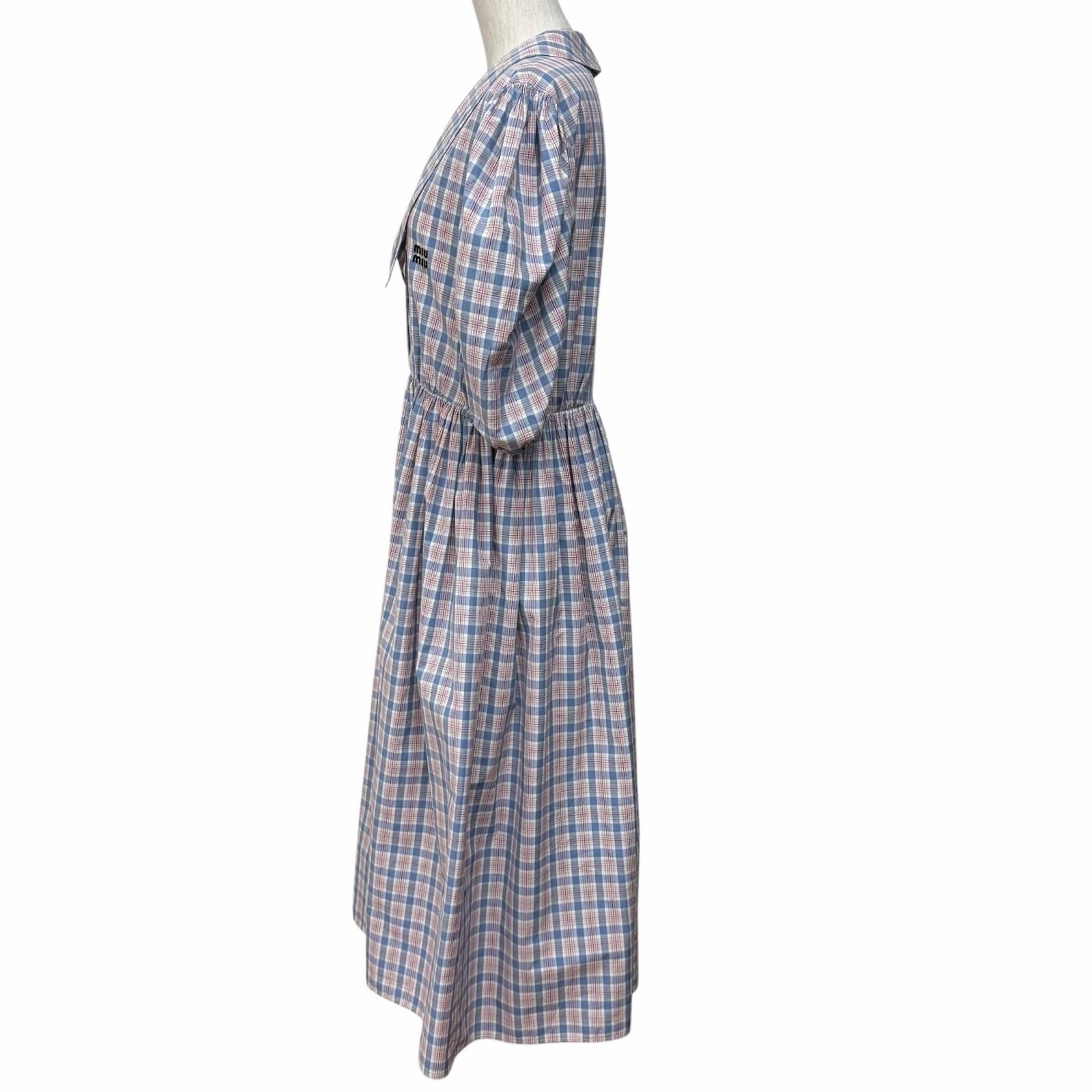 Miu Miu Cotton 100% Logo Embroidered Plaid Puff Sleeve Shirt Dress Pink Blue 38 — view 2