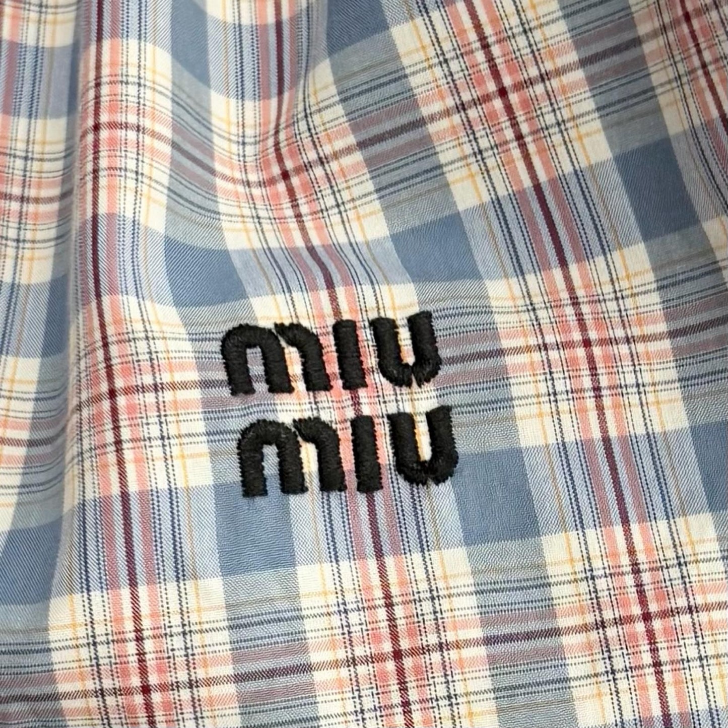Miu Miu Cotton 100% Logo Embroidered Plaid Puff Sleeve Shirt Dress Pink Blue 38 — view 5