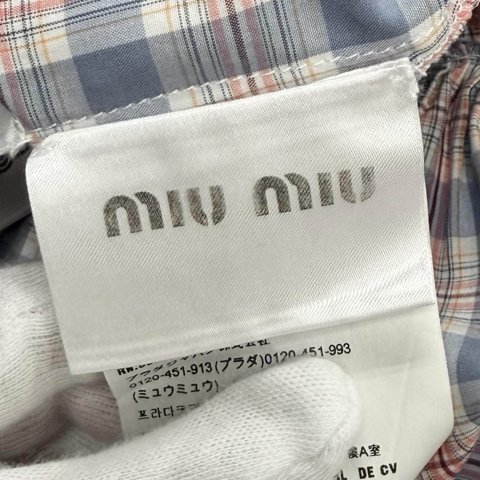 Miu Miu Cotton 100% Logo Embroidered Plaid Puff Sleeve Shirt Dress Pink Blue 38 — view 7
