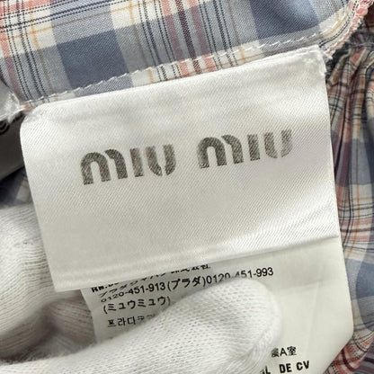 Miu Miu Cotton 100% Logo Embroidered Plaid Puff Sleeve Shirt Dress Pink Blue 38 — view 7
