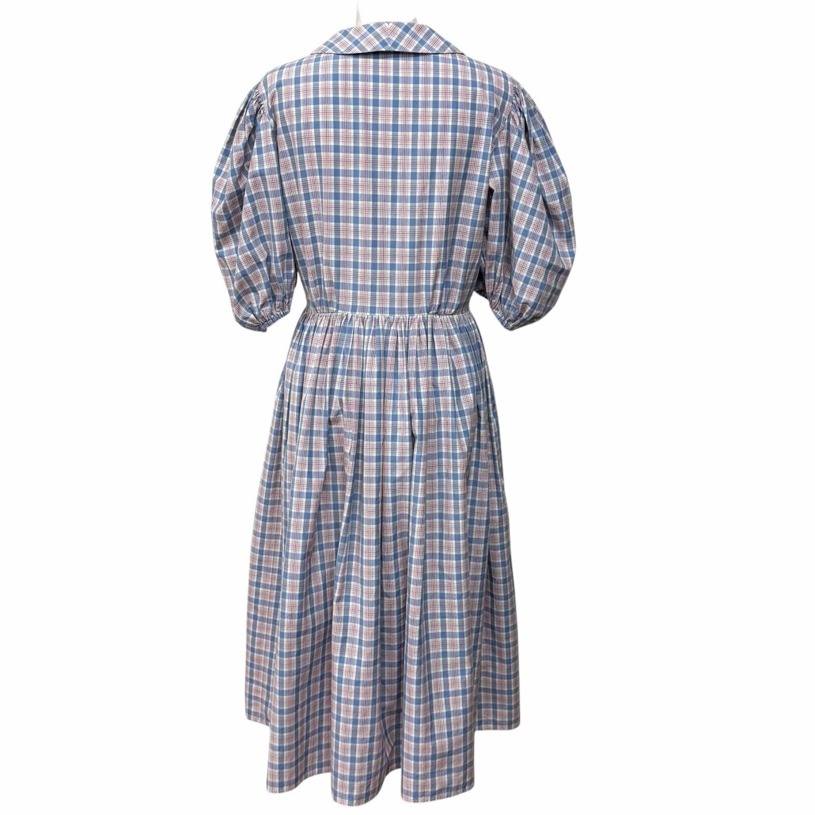 Miu Miu Cotton 100% Logo Embroidered Plaid Puff Sleeve Shirt Dress Pink Blue 38 — view 3