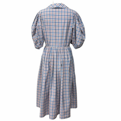 Miu Miu Cotton 100% Logo Embroidered Plaid Puff Sleeve Shirt Dress Pink Blue 38 — view 3
