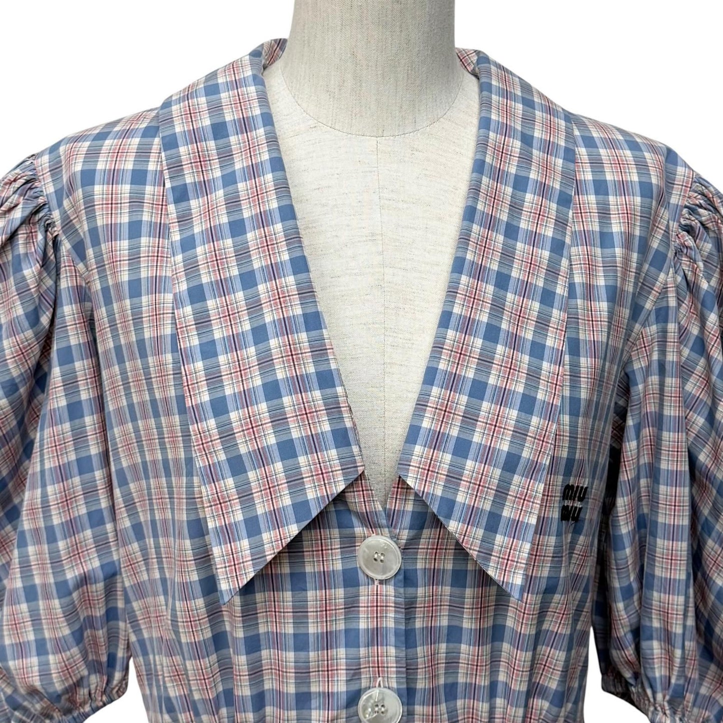 Miu Miu Cotton 100% Logo Embroidered Plaid Puff Sleeve Shirt Dress Pink Blue 38 — view 4