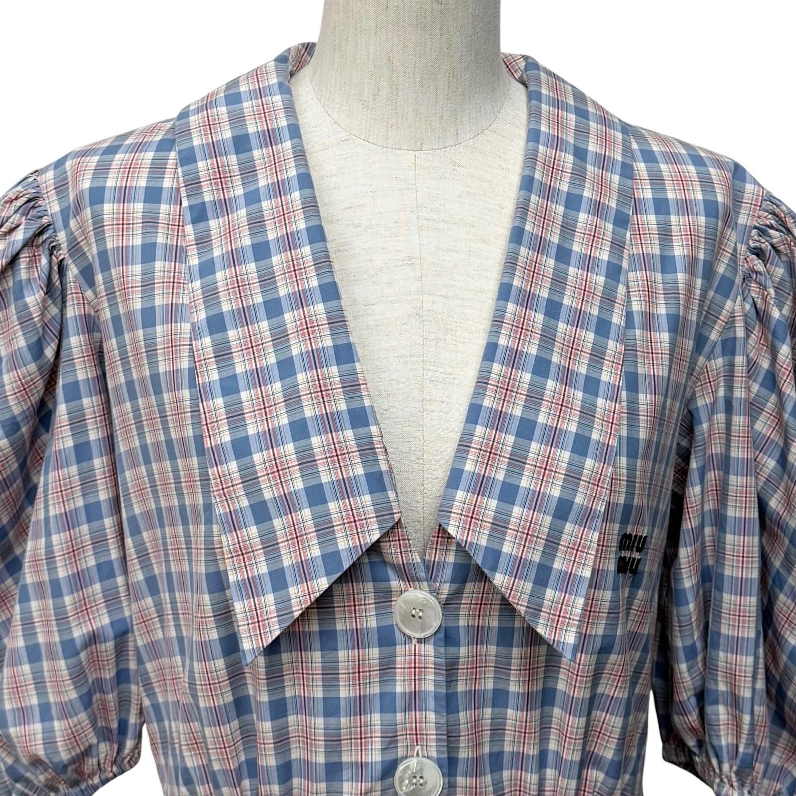 Miu Miu Cotton 100% Logo Embroidered Plaid Puff Sleeve Shirt Dress Pink Blue 38 — view 4