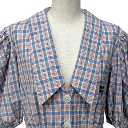 Miu Miu Cotton 100% Logo Embroidered Plaid Puff Sleeve Shirt Dress Pink Blue 38 — view 4