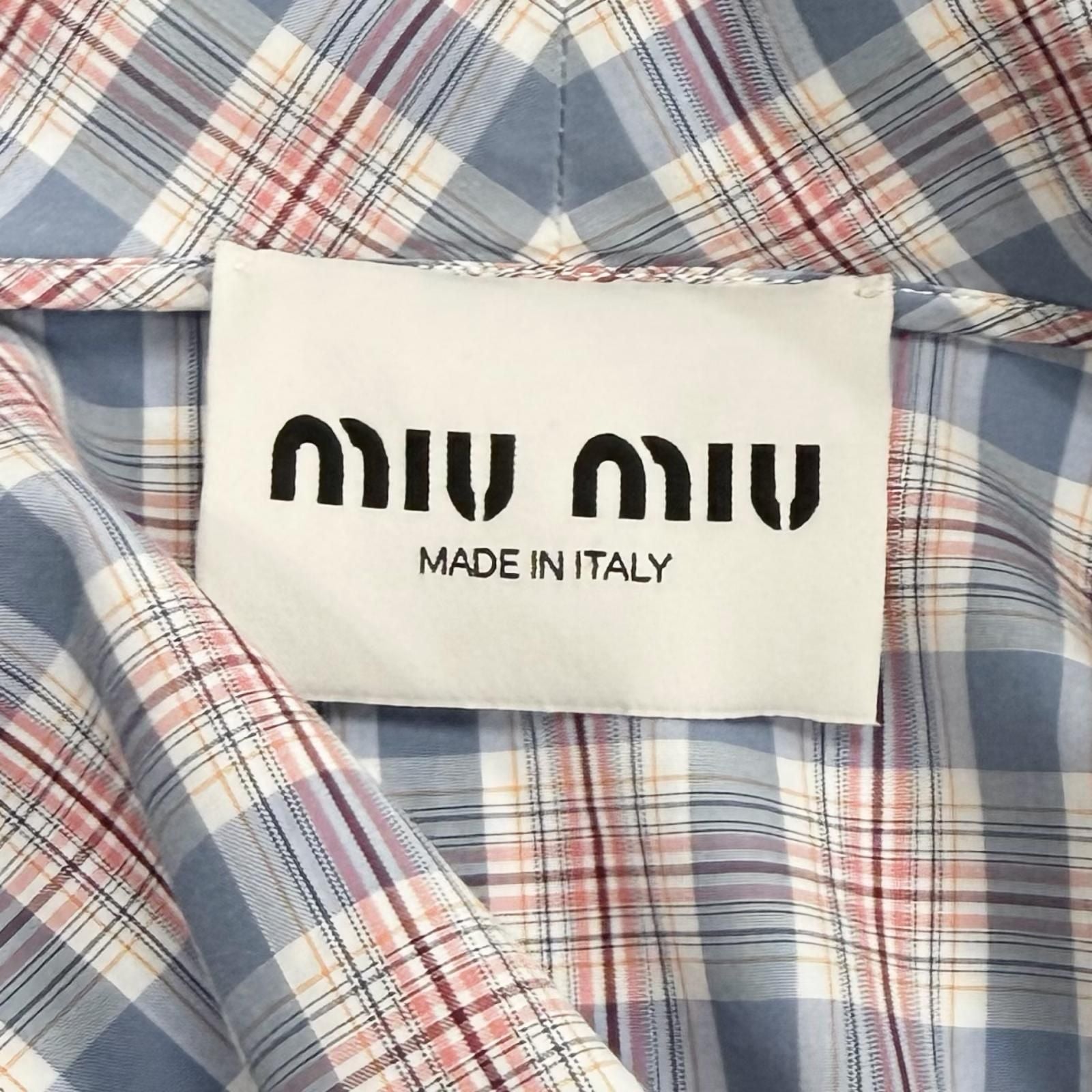 Miu Miu Cotton 100% Logo Embroidered Plaid Puff Sleeve Shirt Dress Pink Blue 38 — view 6