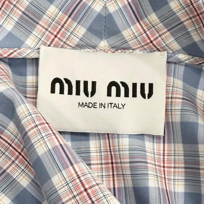 Miu Miu Cotton 100% Logo Embroidered Plaid Puff Sleeve Shirt Dress Pink Blue 38 — view 6