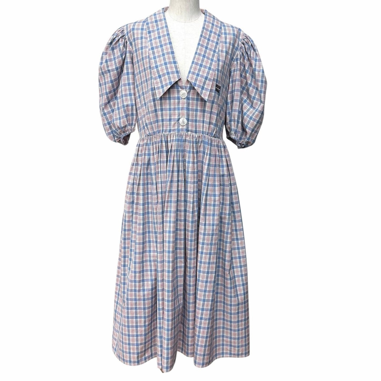 Miu Miu Cotton 100% Logo Embroidered Plaid Puff Sleeve Shirt Dress Pink Blue 38