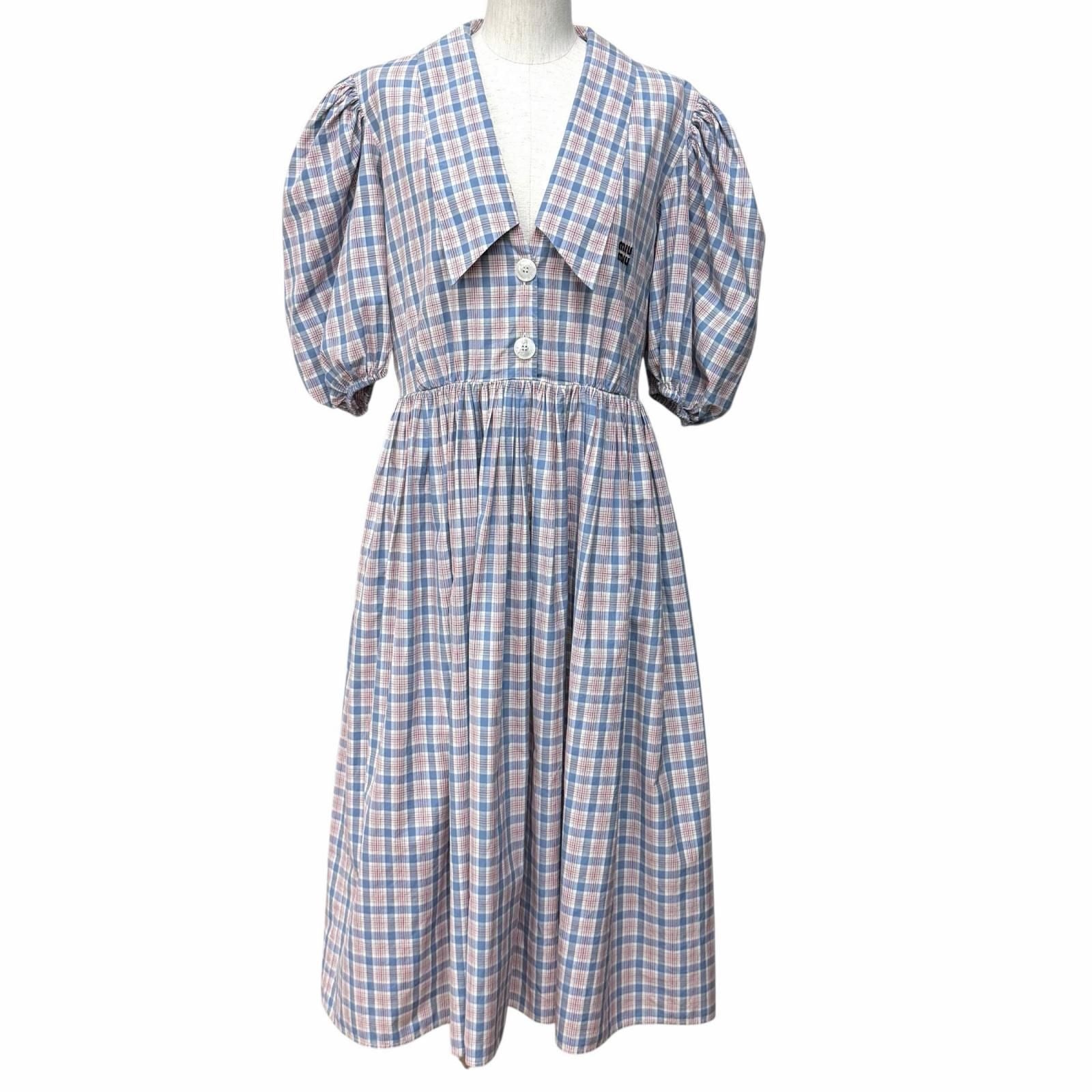 Miu Miu Cotton 100% Logo Embroidered Plaid Puff Sleeve Shirt Dress Pink Blue 38