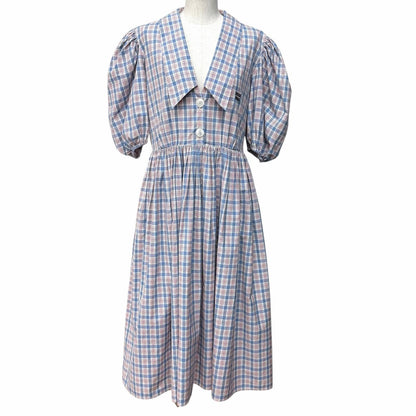 Miu Miu Cotton 100% Logo Embroidered Plaid Puff Sleeve Shirt Dress Pink Blue 38