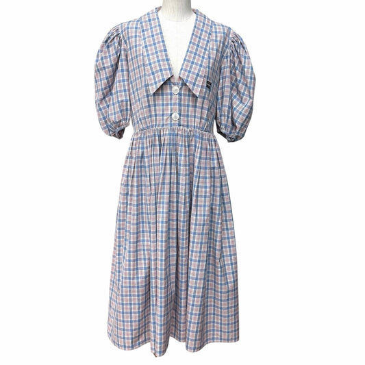 Miu Miu Cotton 100% Logo Embroidered Plaid Puff Sleeve Shirt Dress Pink Blue 38