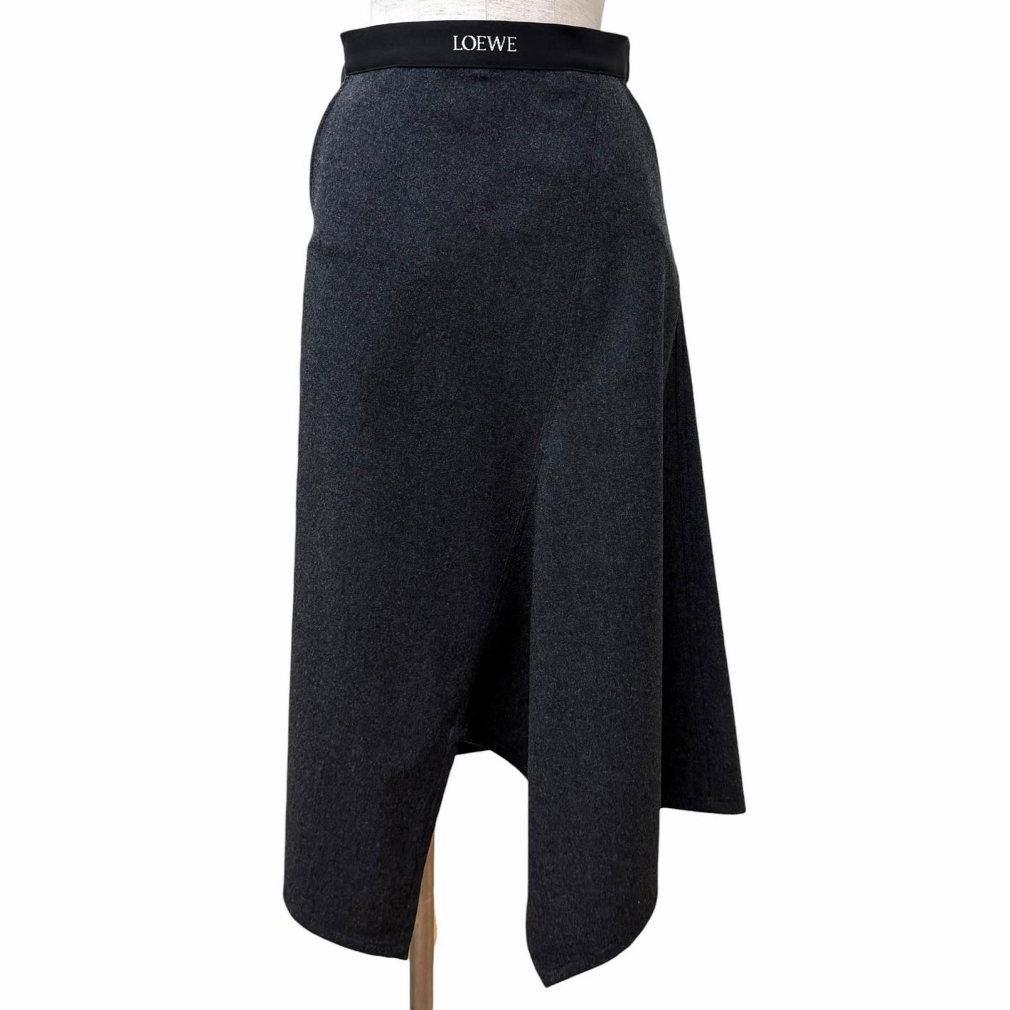 Loewe Wool Cashmere Blend Logo Asymmetric Skirt Charcoal Gray 34