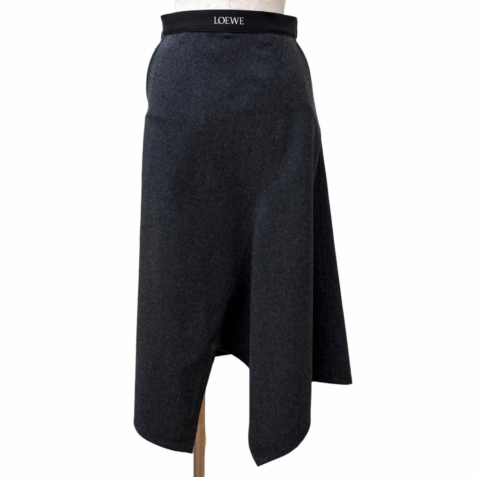 Loewe Wool Cashmere Blend Logo Asymmetric Skirt Charcoal Gray 34