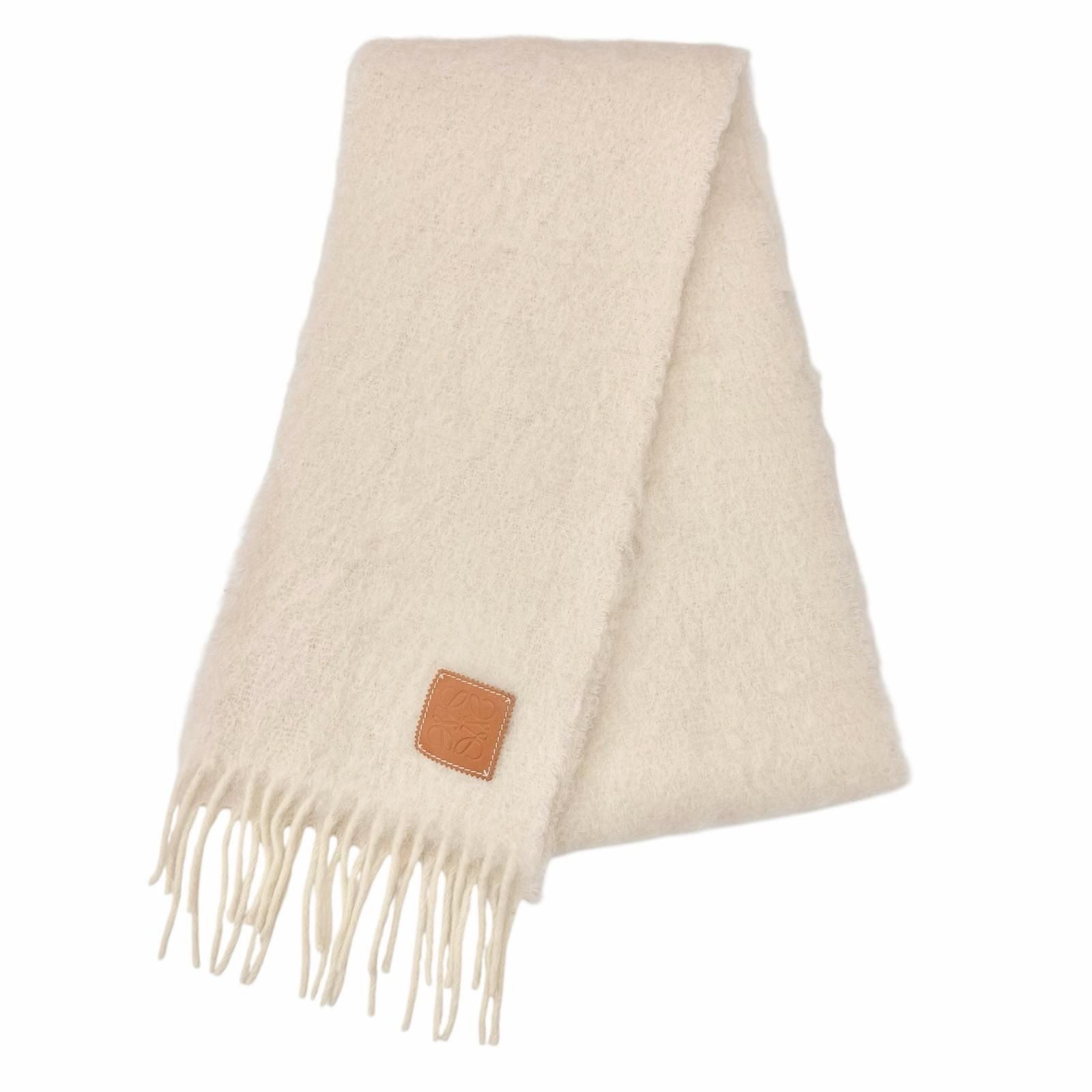 Loewe Mohair Wool Blend Fringe Anagram Leather Long Scarf with Patch Ivory