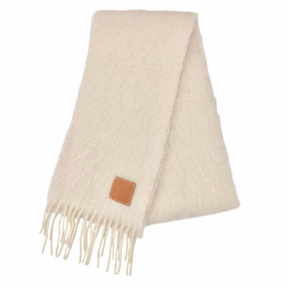 Loewe Mohair Wool Blend Fringe Anagram Leather Long Scarf with Patch Ivory