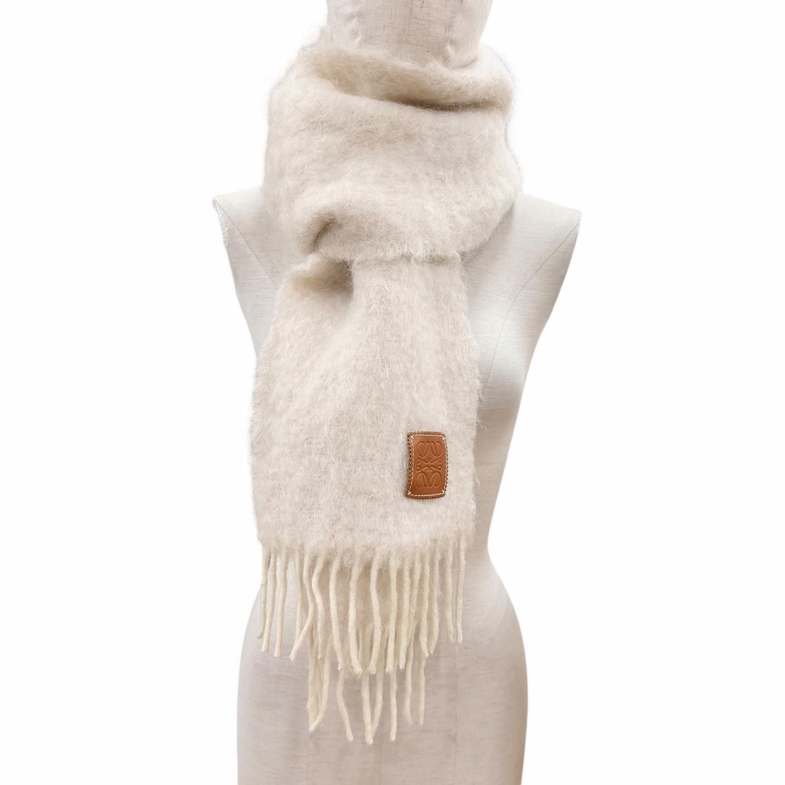 Loewe Mohair Wool Blend Fringe Anagram Leather Long Scarf with Patch Ivory — view 4