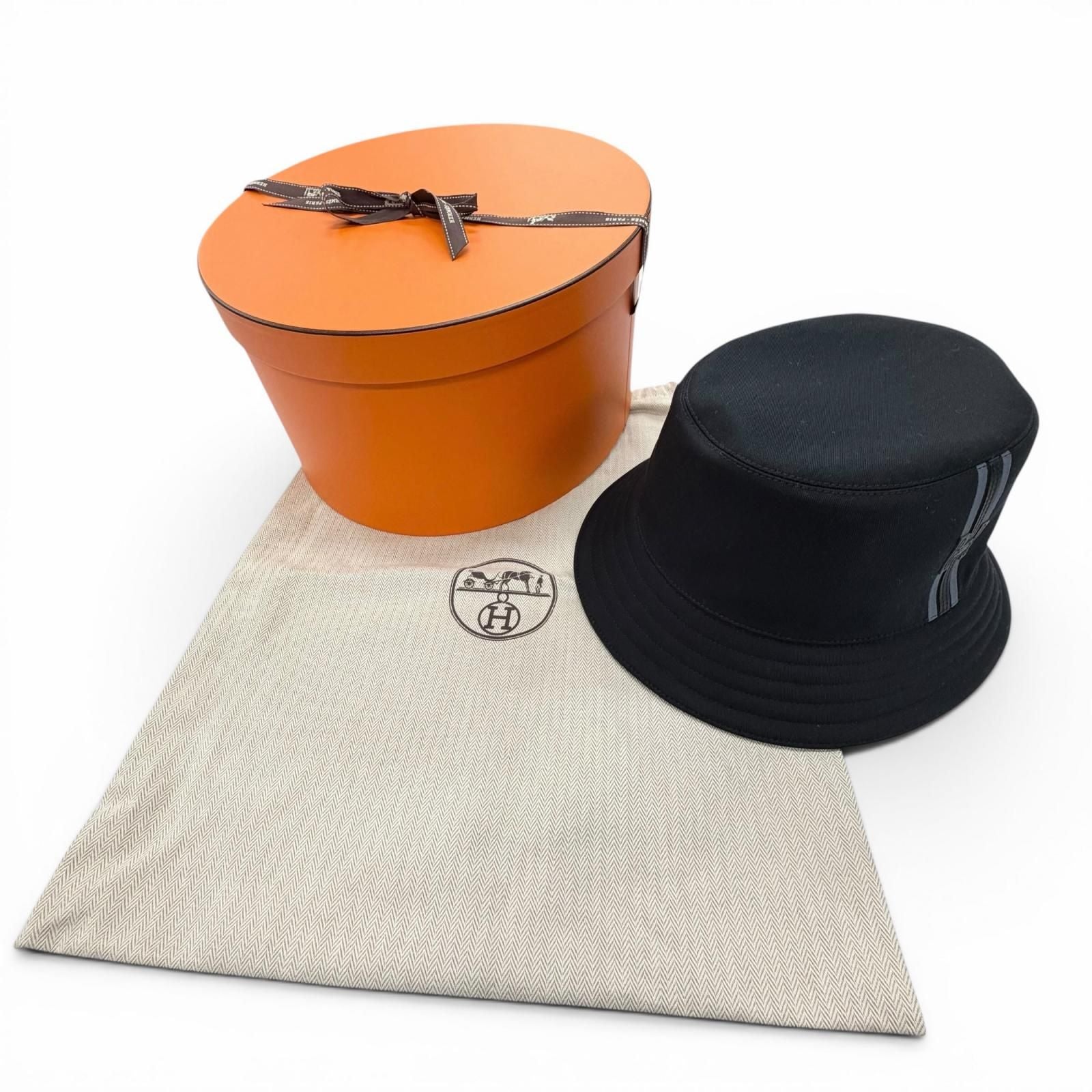 Hermes Cotton 100% Red Striped Hat Bucket Hat Dark Navy 59 — view 2