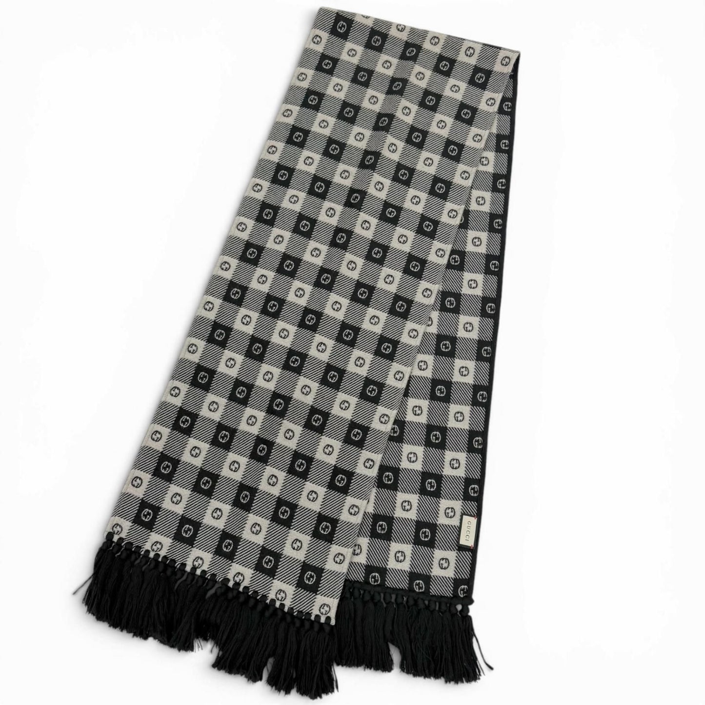 Gucci Interlocking Plaid Fringe Scarf Black Ivory 35 190 cm — view 3