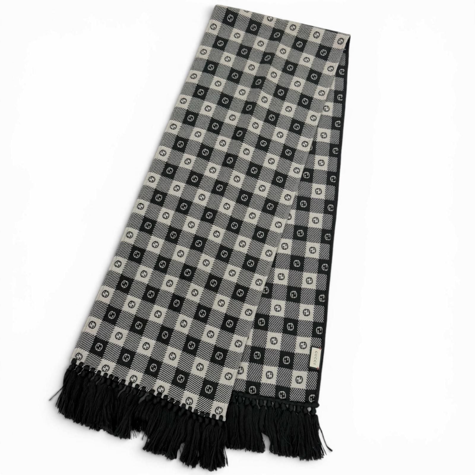 Gucci Interlocking Plaid Fringe Scarf Black Ivory 35 190 cm — view 3