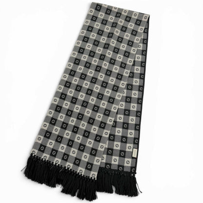 Gucci Interlocking Plaid Fringe Scarf Black Ivory 35 190 cm — view 3
