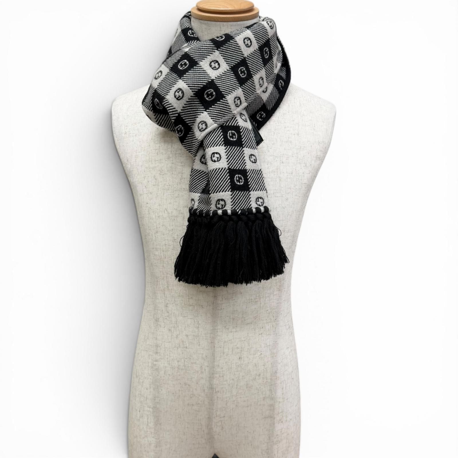Gucci Interlocking Plaid Fringe Scarf Black Ivory 35 190 cm — view 2