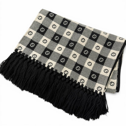 Gucci Interlocking Plaid Fringe Scarf Black Ivory 35 190 cm