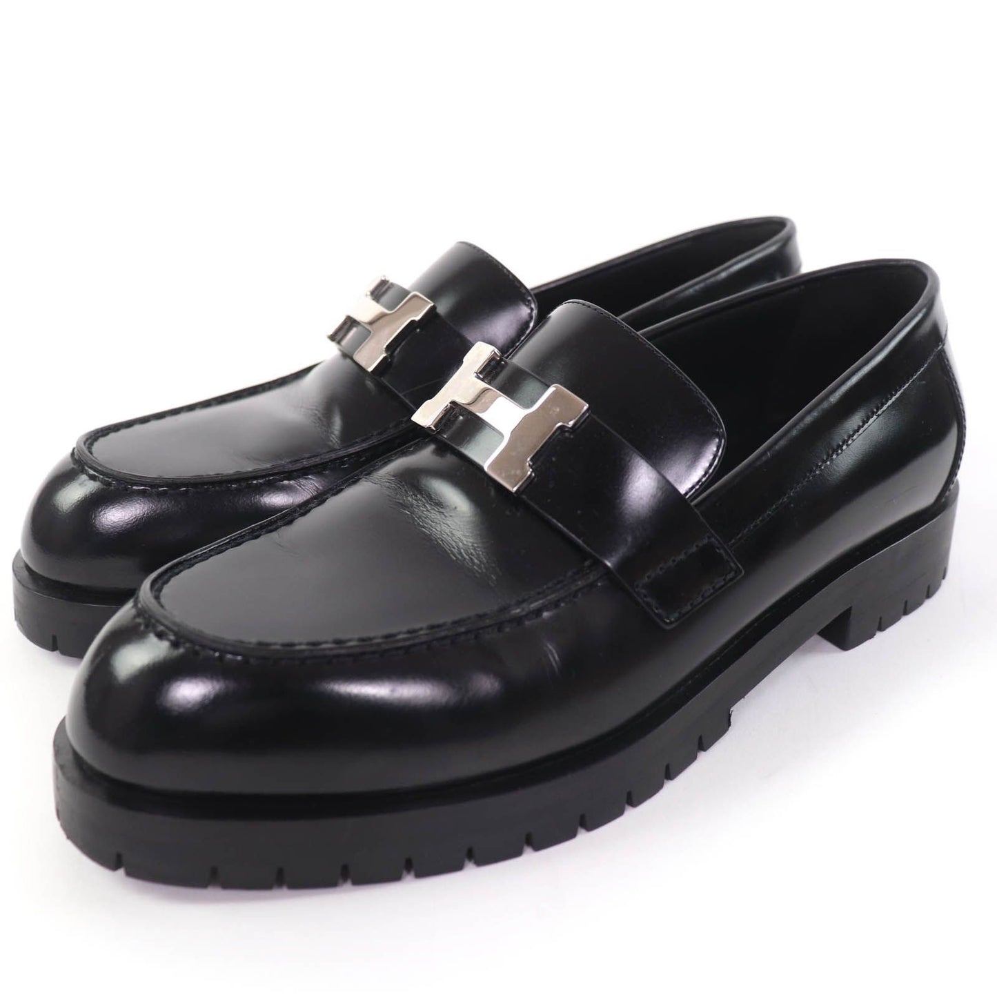 Hermes Moccasins Faubourg Constance Silver Leather Loafers Black