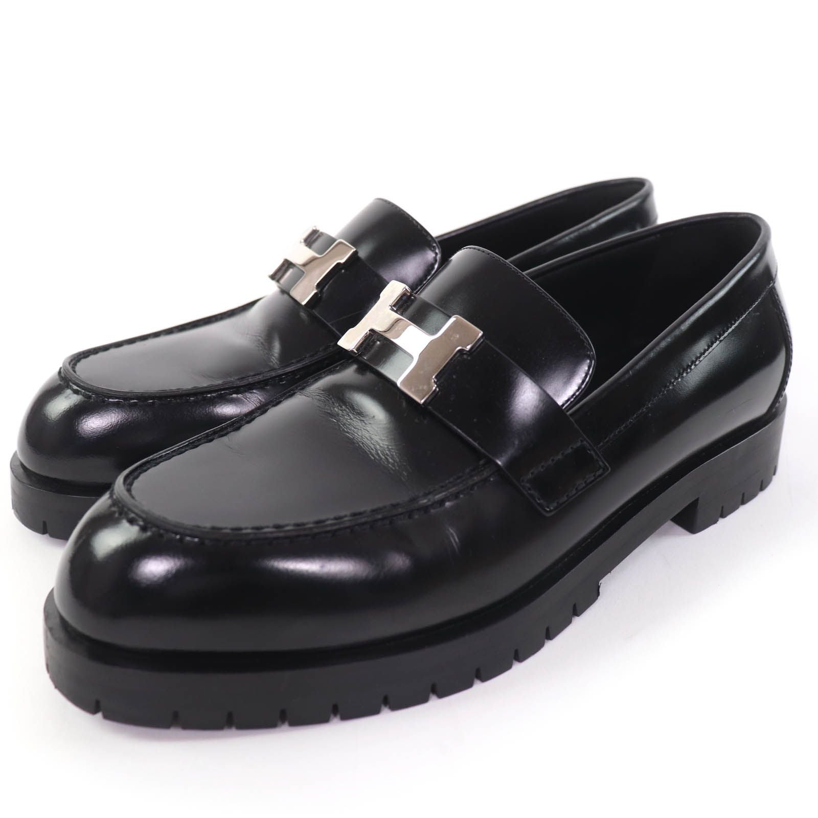 Hermes Moccasins Faubourg Constance Silver Leather Loafers Black