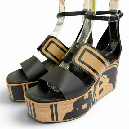Hermes Charis Bride de Gala Leather Ankle Strap Wedge Sole Sandals Black