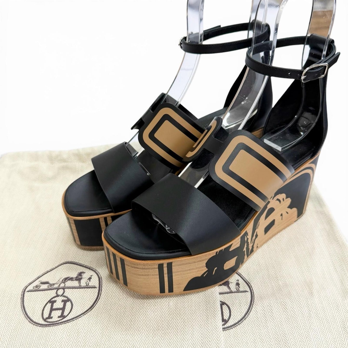Hermes Charis Bride de Gala Leather Ankle Strap Wedge Sole Sandals Black — view 2
