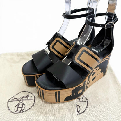 Hermes Charis Bride de Gala Leather Ankle Strap Wedge Sole Sandals Black — view 2