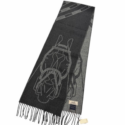 Hermes Tet a Tet Equestre Cashmere Hose Fringe Scarf Shawl Charcoal Gray — view 3