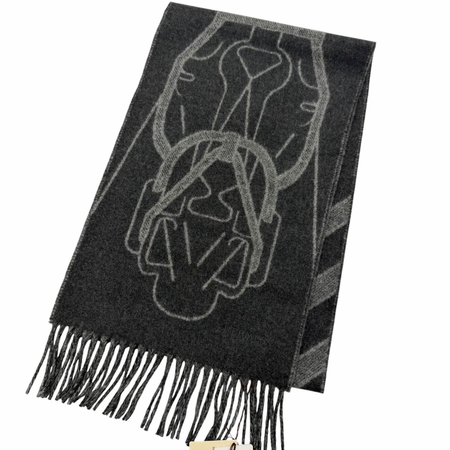 Hermes Tet a Tet Equestre Cashmere Hose Fringe Scarf Shawl Charcoal Gray
