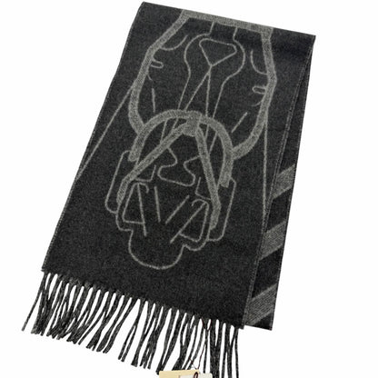 Hermes Tet a Tet Equestre Cashmere Hose Fringe Scarf Shawl Charcoal Gray