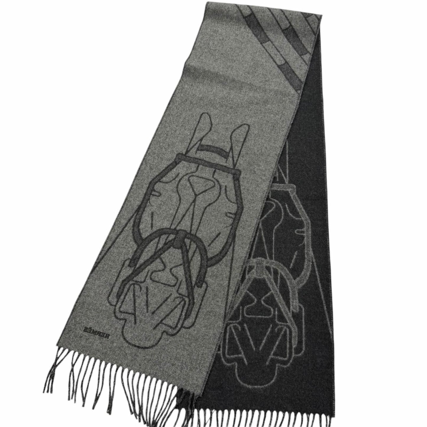 Hermes Tet a Tet Equestre Cashmere Hose Fringe Scarf Shawl Charcoal Gray — view 4