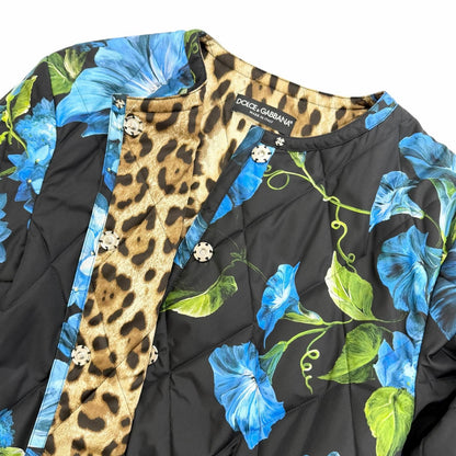 Dolce & Gabbana Floral Print Lining Leopard Pattern Quilted Coat Black Blue 40 — view 5