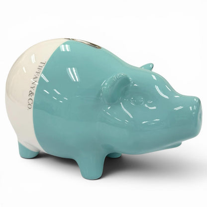 Tiffany & Co Piggy Bank Ceramic Logo Interior Blue White