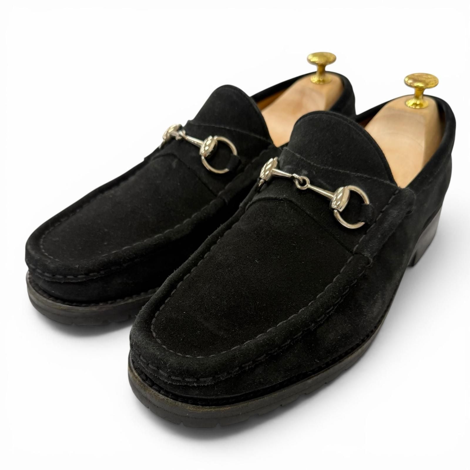 Gucci Suede Leather Horsebit Silver Loafers Moccasin Flat Shoes Black