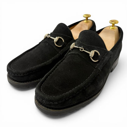 Gucci Suede Leather Horsebit Silver Loafers Moccasin Flat Shoes Black