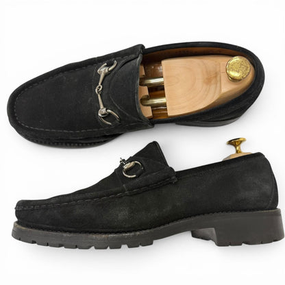 Gucci Suede Leather Horsebit Silver Loafers Moccasin Flat Shoes Black — view 4
