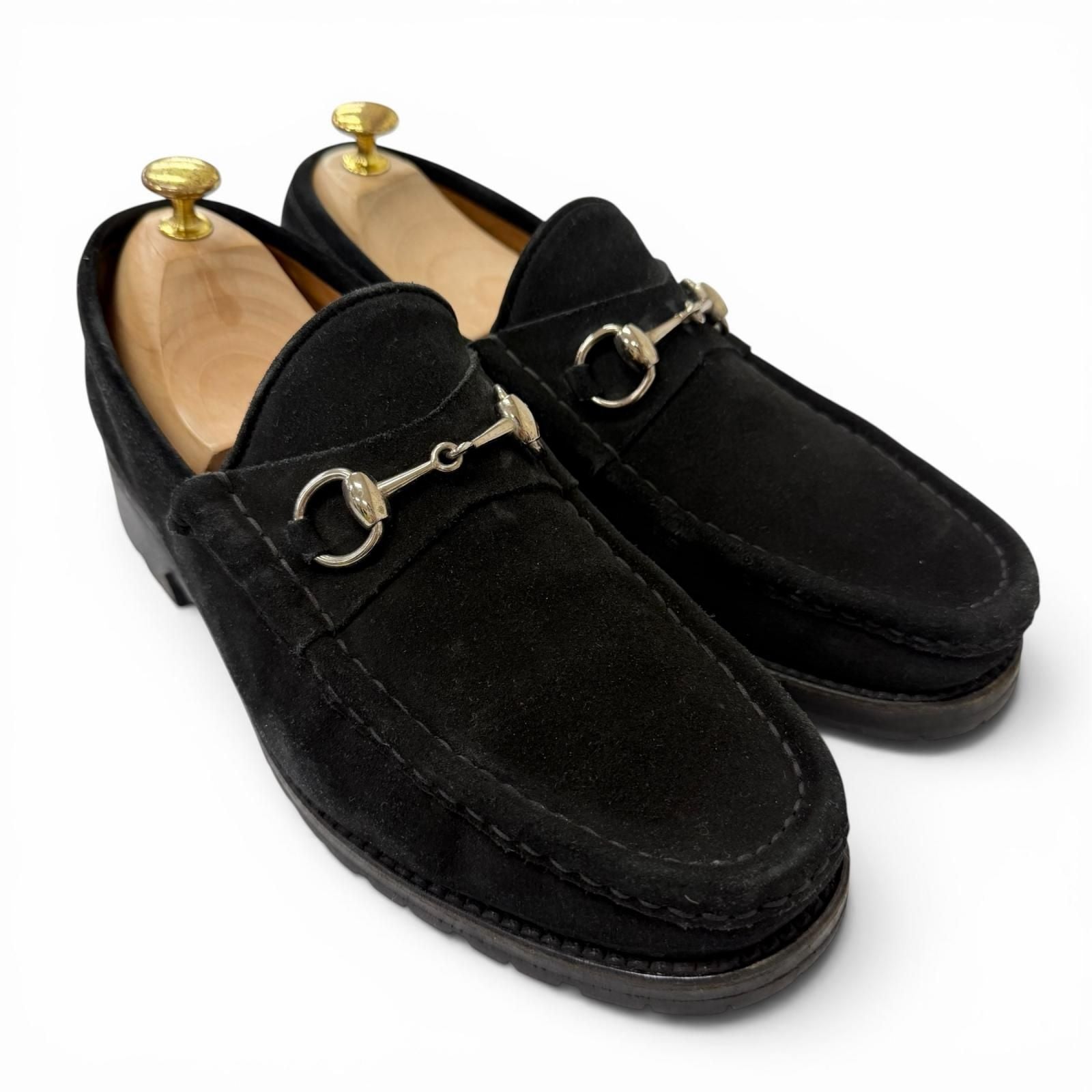 Gucci Suede Leather Horsebit Silver Loafers Moccasin Flat Shoes Black — view 3