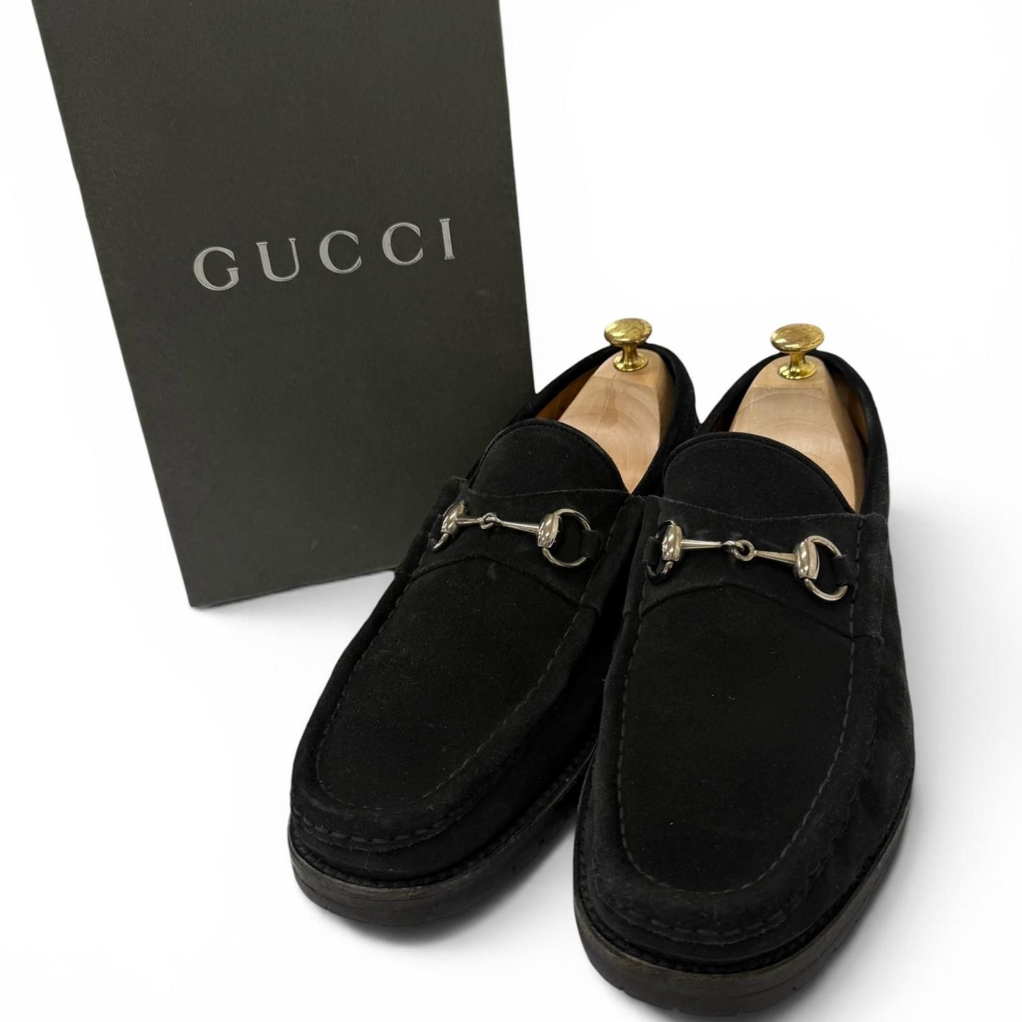 Gucci Suede Leather Horsebit Silver Loafers Moccasin Flat Shoes Black — view 2