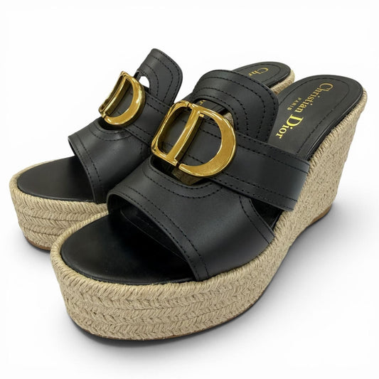 Dior Montaigne CD Buckle Wedge Sole Leather Sandals Black