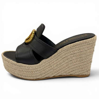 Dior Montaigne CD Buckle Wedge Sole Leather Sandals Black — view 6